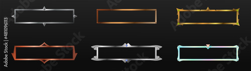 Set of six game design elements. Various rectangular metal frames for the GUI. Templates for mobile, client and browser applications. Volumetric vector colorful objects for stylization.