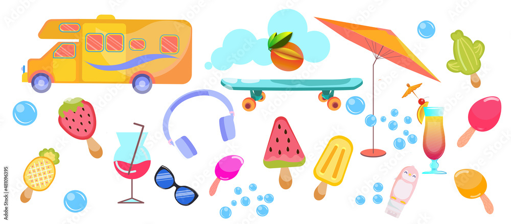 Summer elements set with camper van, ice cream, sunshade, headset, scateboard, sunglasses. High quality photo