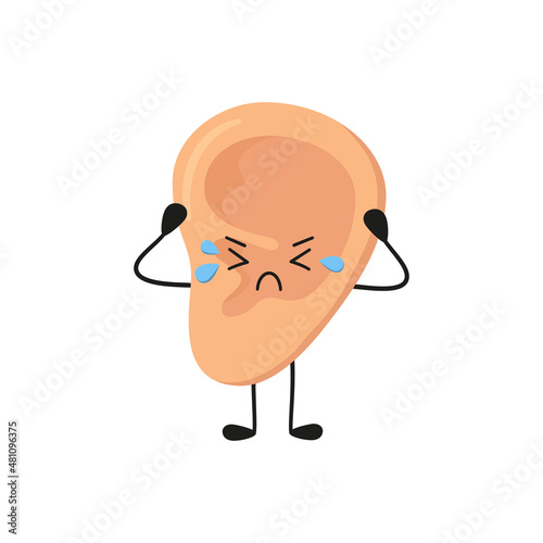 Human ear kawaii sad character. Sick ear. The organ of hearing. Otitis and other diseases. Vector illustration isolated on white background in hand drawn style.
