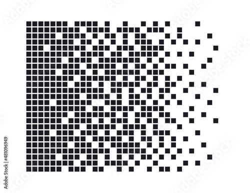 Pixel disintegration background. Decay effect. Dispersed dotted pattern. Concept of disintegration. Abstract pixel mosaic texture with simple square particles. Vector illustration on white background.