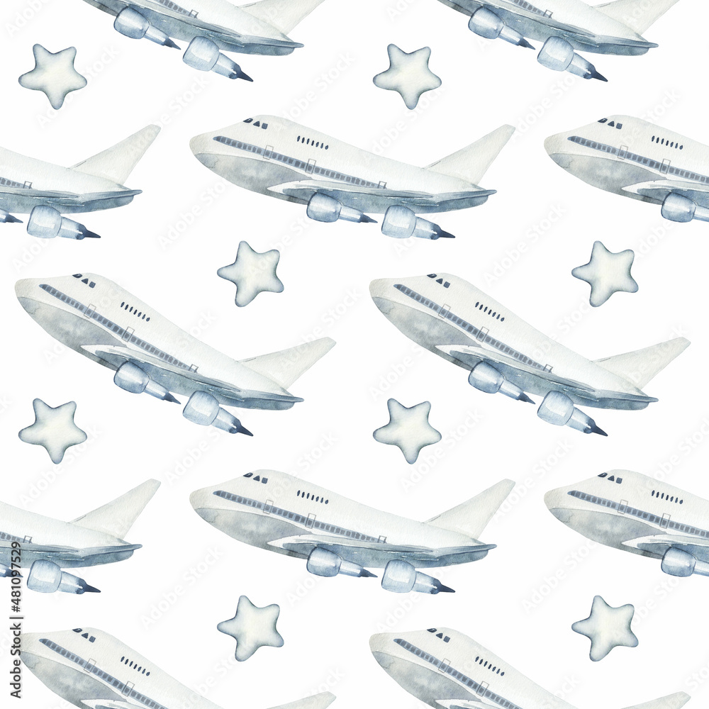 Airplane watercolor seamless pattern. Great for print, web, textile design, souvenirs, scrapbooking.
