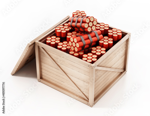 Wooden crate full of dynamites. 3D illustration photo