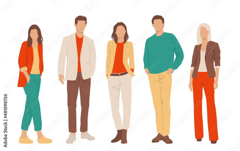 Fototapeta premium Set of young men and women, different colors, cartoon character, group of silhouettes of standing business people, students, the design concept of flat icon, isolated on white background