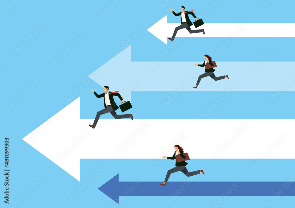 Economic and business image infographics. Illustration of a male and female businessman running an arrow, a pictogram. Advancement competition.