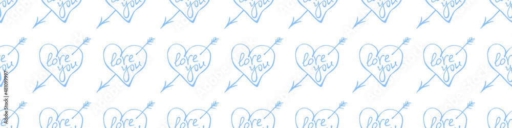 Vector seamless pattern of blue hearts with an arrow and lettering love ...