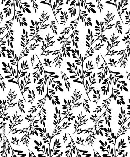 Monochrome vector seamless pattern with wormwood herbaceous on white background. Fabric with grass fields. Wallpaper with a branches of sagebrush. Natural background with Artemisia absinthium