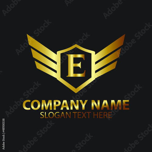 Luxury Letter E Gold Wing with Shield Logo template  Golden Wing Shield Luxury Initial Letter E logo