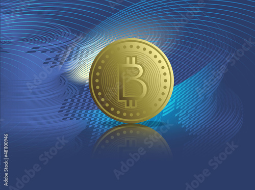 Gold bitcoin on digital background.