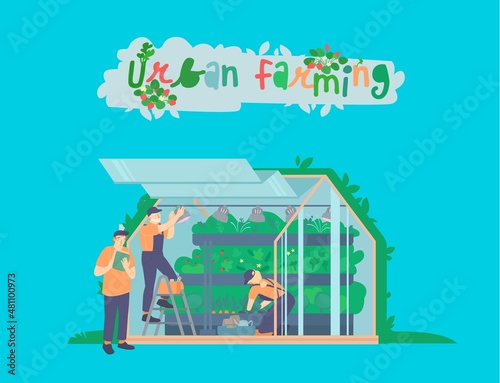 Controlled-environment smart agriculture. Urban farming. Editable vector illustration.