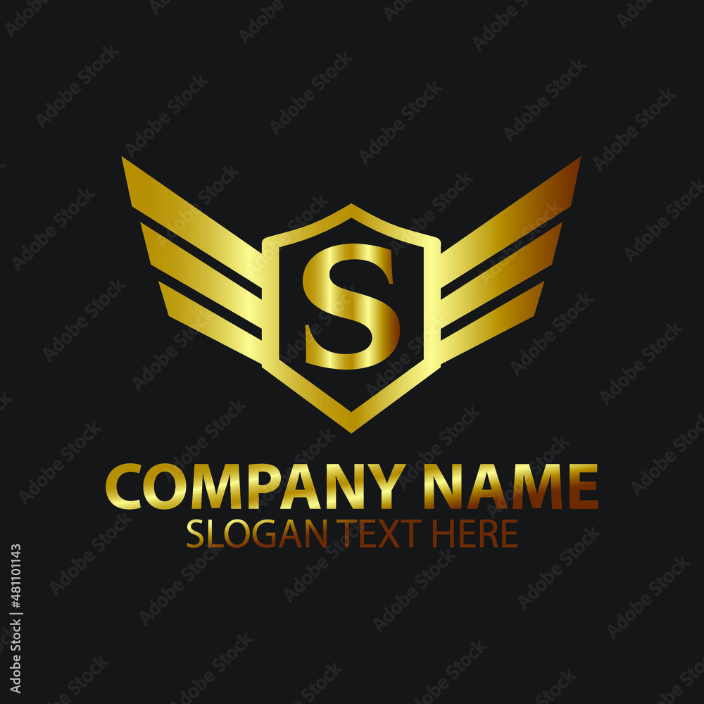 Luxury Letter S Gold Wing with Shield Logo template, Golden Wing Shield Luxury Initial Letter S
