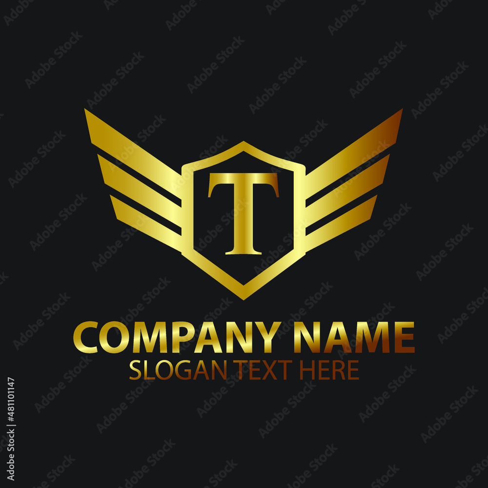 Luxury Letter T Gold Wing with Shield Logo template, Golden Wing Shield Luxury Initial Letter T logo