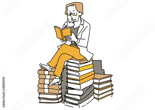 たくさんの本を読み論理的に考える男性　温かみのある手描きの人物イラスト　白バックにベクター