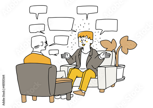 椅子に向かい合って座り討論をする二人の男性　温かみのある手描きの人物イラスト　白バックにベクター