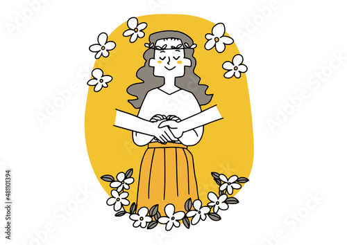 人と人との手を結び平和を望む女性　仲介者のコンセプトアート　温かみのある手描きの人物　ベクター