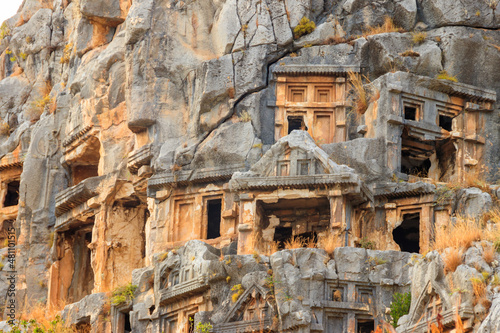 Rock-cut tombs of Lycian necropolis of the ancient city of Myra in Demre, Antalya province in Turkey
