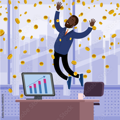 Happy african businessman jump in air falling money rain in office. Success finance business, falling cash. Vector illustration