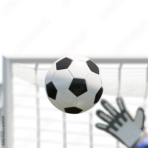 The soccer ball flew into the goal with the goalkeeper jumping to intercept the ball, 3d rendering