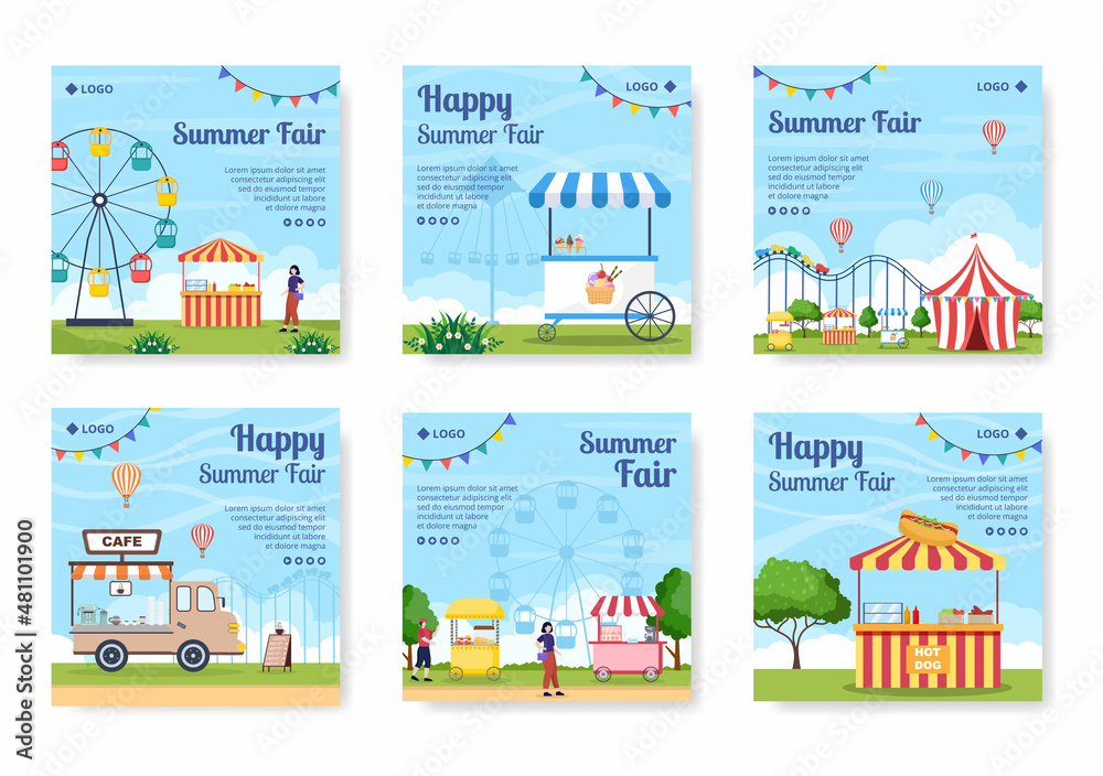 Summer Fair of Carnival, Circus, Fun Fair or Amusement Park Post Template Flat Illustration Editable of Square Background for Social Media
