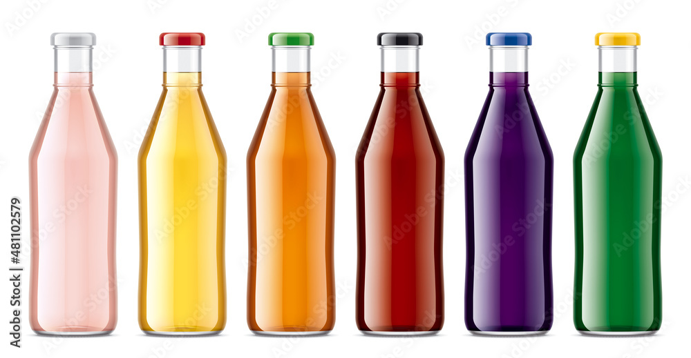 Set of Glass Bottles with transparent Juices Set of Glass Bottles with transparent Juices