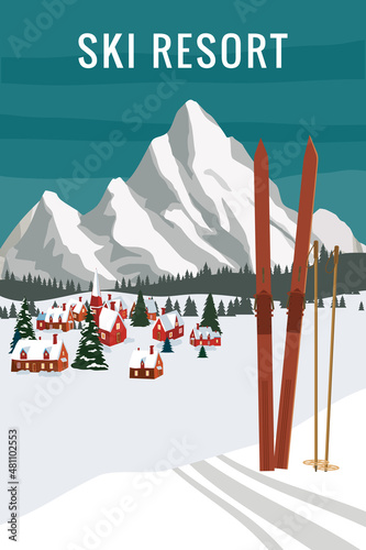 Vintage Mountain winter resort Alps, with wooden old fashioned skis and poles. Snow landscape peaks, slopes. Travel retro poster