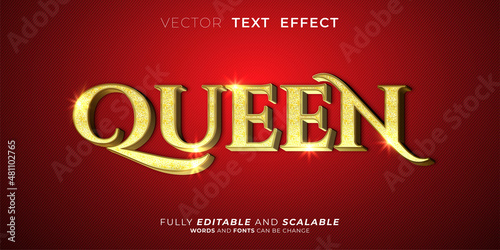 Editable text effect Queen 3d style illustrations with gold glitter on the letter