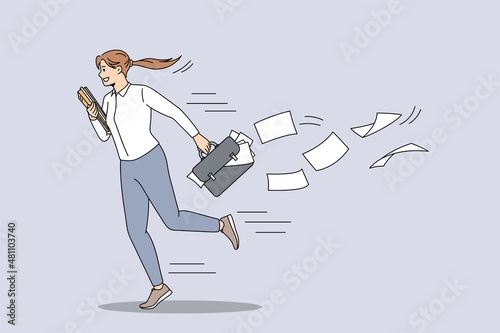Business inattention and carelessness concept. Young smiling businesswoman worker running hurrying with case and losing papers on wind vector illustration 