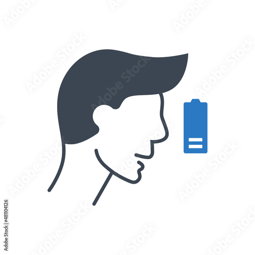 Fatigue related vector glyph icon. The head of man and battery with low charge. Fatigue sign. Isolated on white background. Editable vector illustration