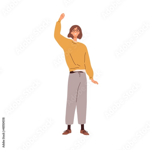 Happy excited woman rejoicing. Cheerful joyful person celebrates success and victory, raising fist up. Female employee exulting after achievement. Flat vector illustration isolated on white background