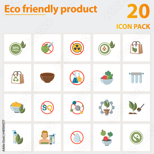 Eco Friendly Product icon set. Collection of simple elements such as the bpa free, no gmo, no toxic, no chemical, healthy food, organic product, hypoallergenic.