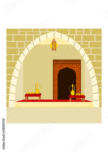 Editable Traditional Brick Wall Arabic Coffee Shop Interior Vector Illustration With Dallah Pot and Finjan Cups on Table for Islamic Moments or Arabian Culture Cafe Related Design