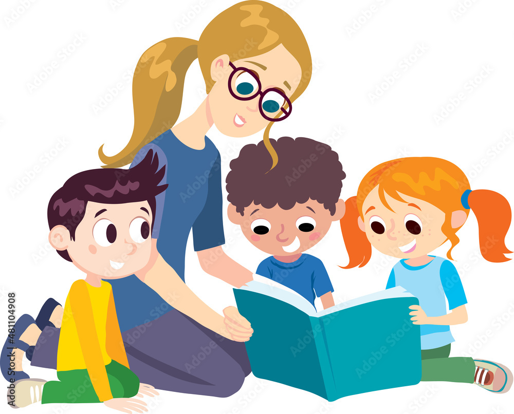 Three children are sitting around the kindergarten teacher Three children are sitting around the kindergarten teacher
