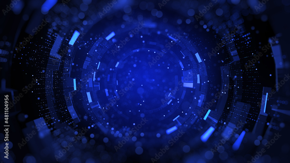 Fototapeta premium Blue digital tunnel of cyberspace with particles, Future technology geometric shape abstract background. 3d rendering