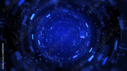 Fototapeta Naklejka Na Ścianę i Meble -  Blue digital tunnel of cyberspace with particles, Future technology geometric shape abstract background. 3d rendering