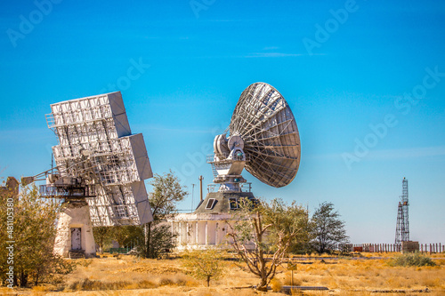 Antenna at the spaceport. The tracking center at the Baikonur cosmodrome  a signaling station launching rockets. Space technology