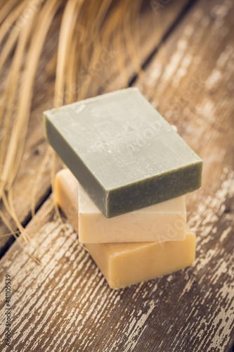 Natural handmade soap on a wooden background.Handmade natural eco soap