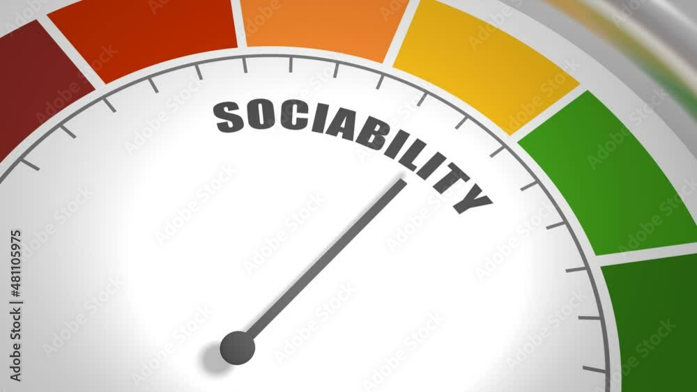 Sociability measuring device with arrow and scale. Mental awareness and psychological issues about sociability, learning, attention, mood and disorders illustration. 3D render Sociability measuring device with arrow and scale. Mental awareness and psychological issues about sociability, learning, attention, mood and disorders illustration. 3D render