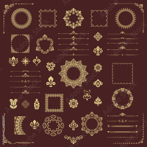 Vintage set of golden vector horizontal, square and round elements. Different elements for backgrounds, frames and monograms. Set of golden classic vintage patterns.