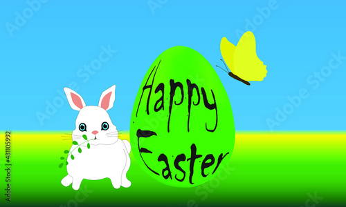 white rabbit and Easter egg, yellow butterfly