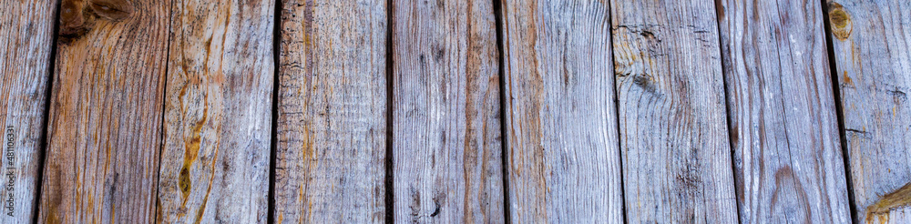 Old wooden grey plank timber board horizontal banner format background.