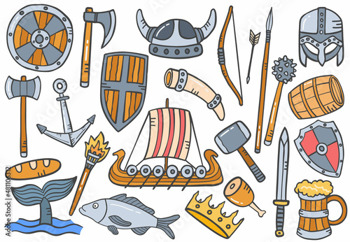 vikings doodle hand drawn set collections with flat outline style