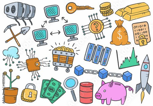 cryptocurrency crypto doodle hand drawn set collections with flat outline style