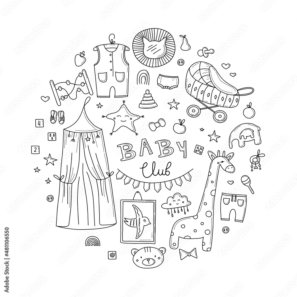 Obraz premium Background of cute children's boho items in scandinavian style. Editable vector illustration.
