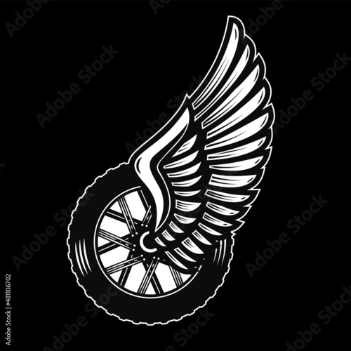 Winged wheel in monochrome style. Design element for logo, label, sign, emblem. Vector illustration