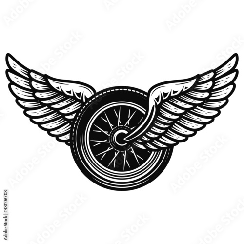 Winged wheel in monochrome style. Design element for logo, label, sign, emblem. Vector illustration