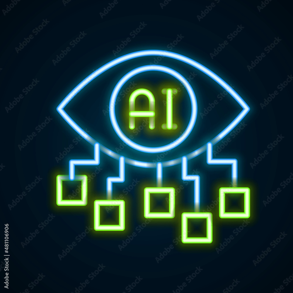 Glowing neon line Computer vision icon isolated on black background. Technical vision, eye circuit, video surveillance system, augmented reality systems. Colorful outline concept. Vector