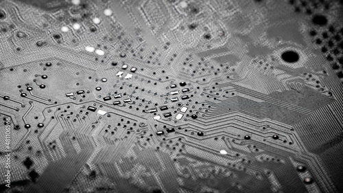 Macro Close up of printed wiring on PC circuit board..