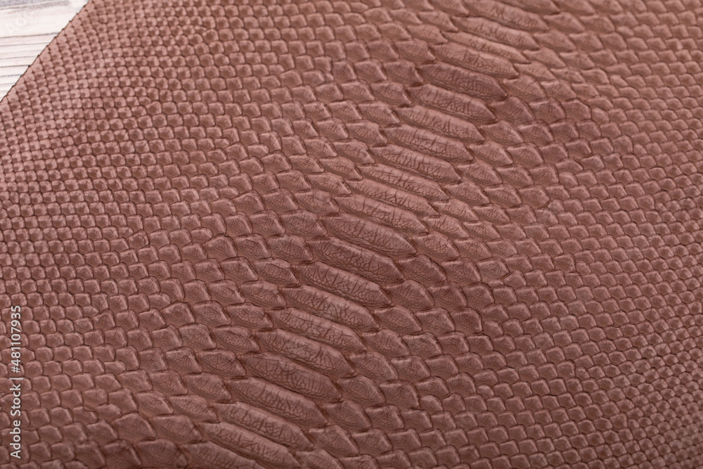 brown suede dyed genuine natural python leather on the wooden table
brown suede dyed genuine natural python leather on the wooden table