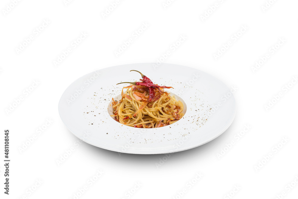 Spaghetti spicy bacon on white background Spaghetti spicy bacon on white background