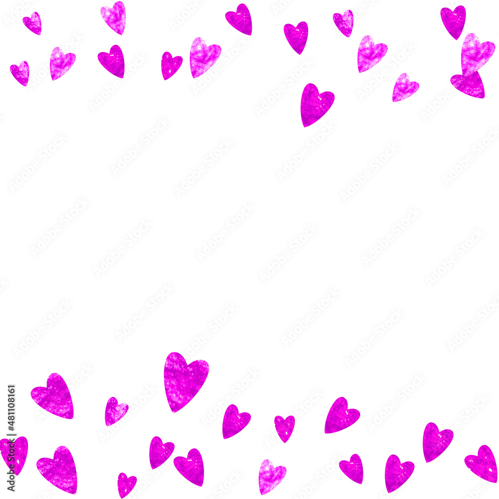 Valentine background with pink glitter hearts. February 14th day. Vector confetti for valentine background template. Grunge hand drawn texture.