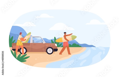 Surfers arrived at sea beach with surfboards. Guys with car and surf boards at seaside on summer holidays. Men friends on summertime vacation. Flat vector illustration isolated on white background